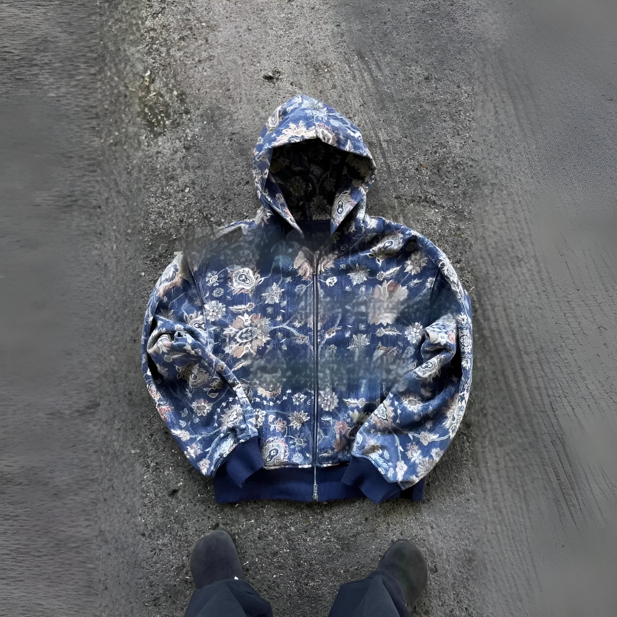 Man wearing a blue loose-fit hooded zip-up casual coat for autumn.