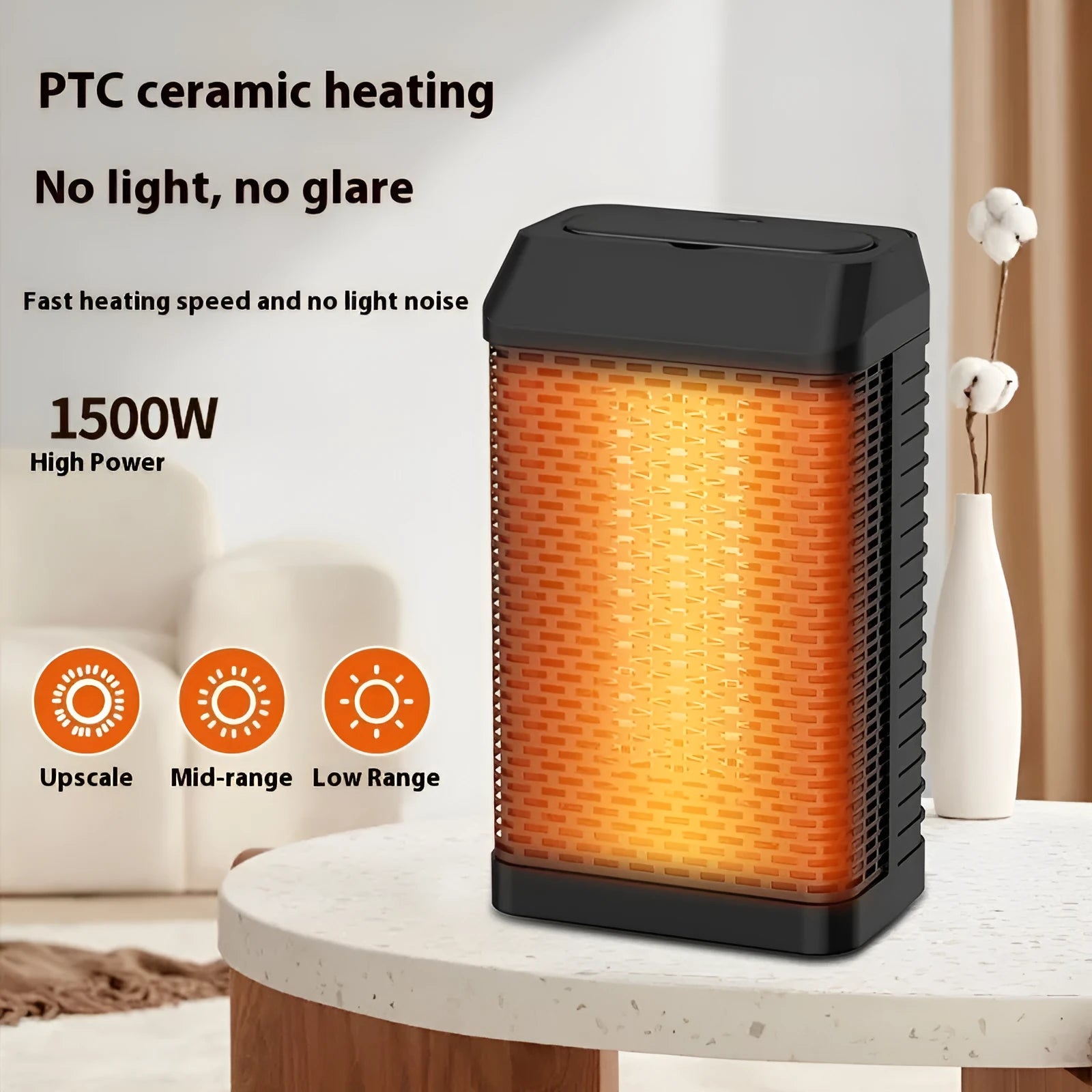 Black smart desktop electric heater with remote control on a wooden desk