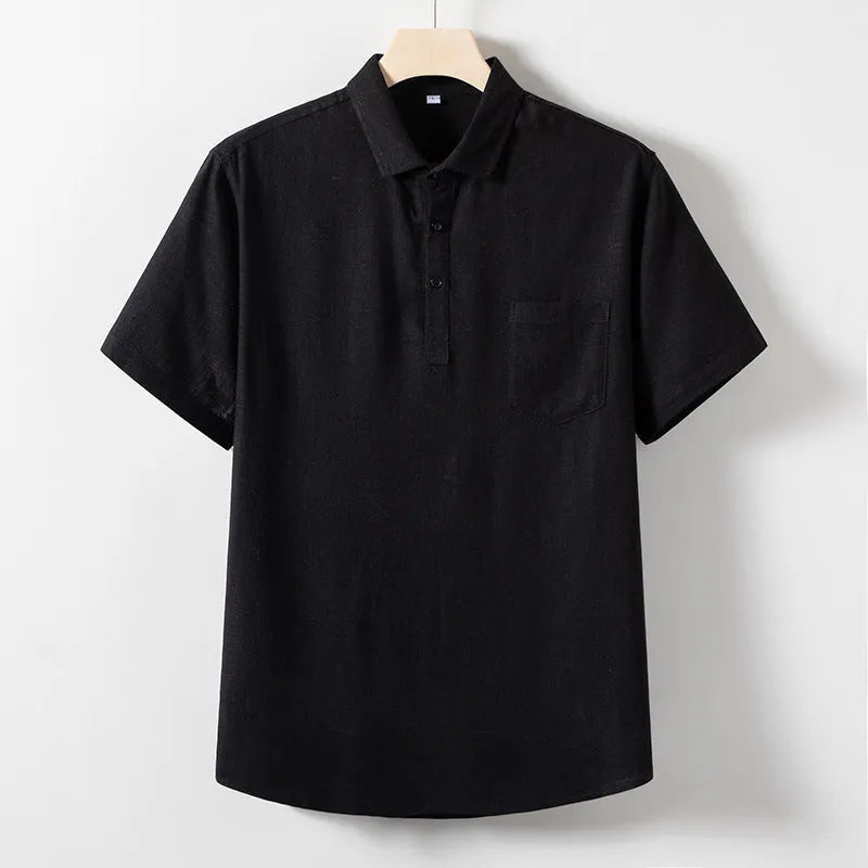 Men's linen blend T-shirt with loose lapel design in black, optic linen or white colours