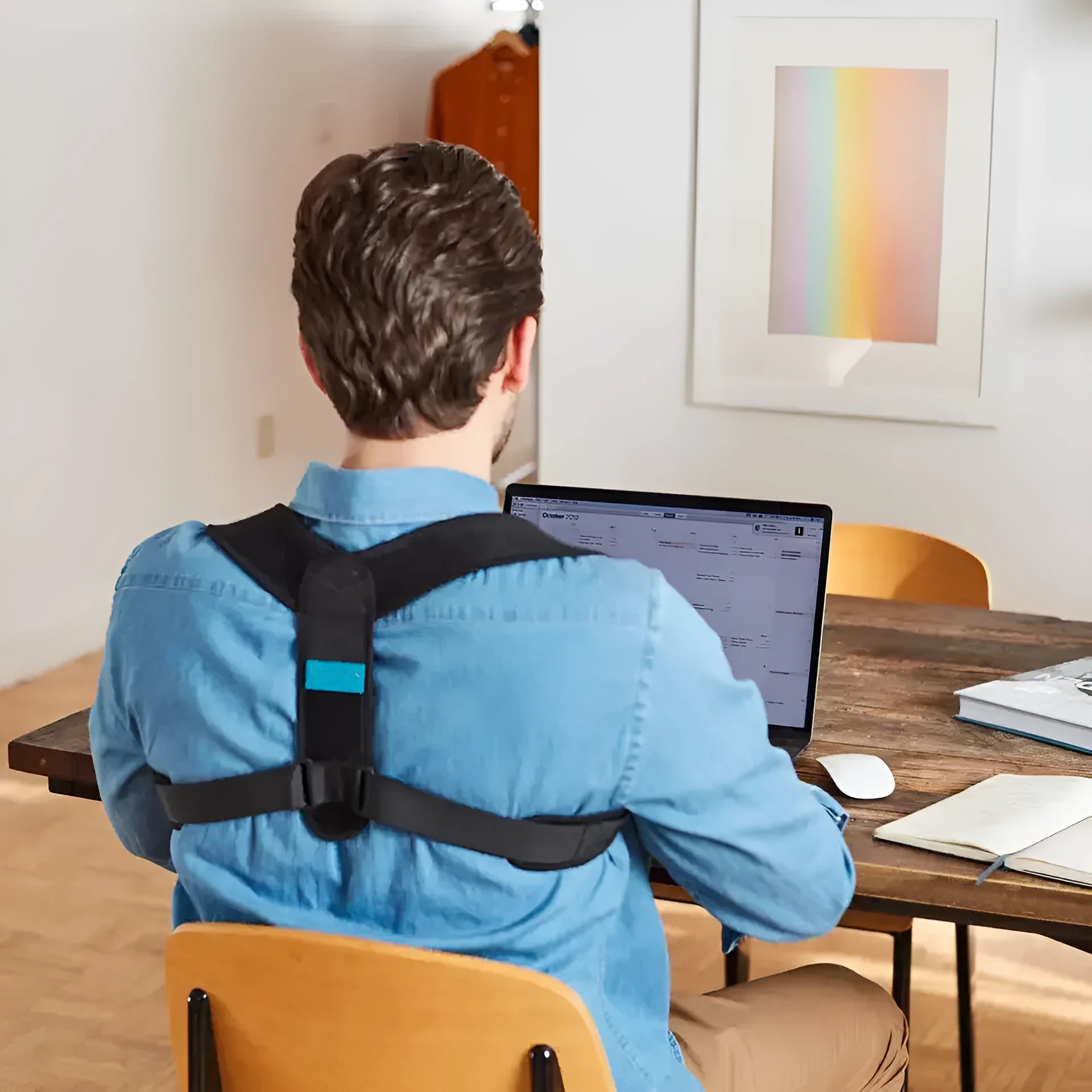 Black adjustable posture correction strap with elastic materials and shoulder pads