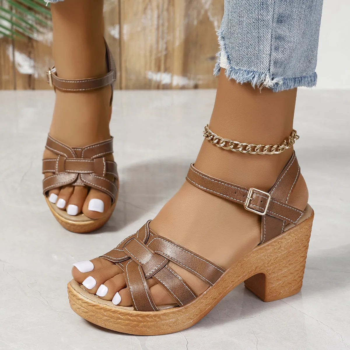 Plus size Roman women's peep toe sandals with chunky heel and ankle-strap buckle in black, brown, or white