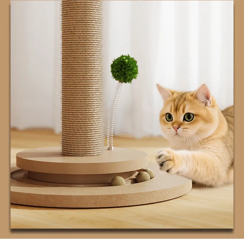 Canna coloured cat climbing frame with hemp rope scratch surfaces and a chamfered grab column.