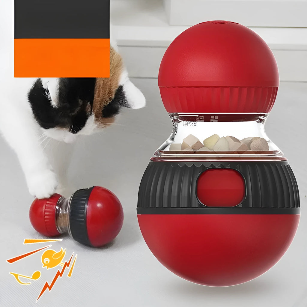 Plastic rotating cat toy with food-dispensing ball and sound module in Super Ball colour.