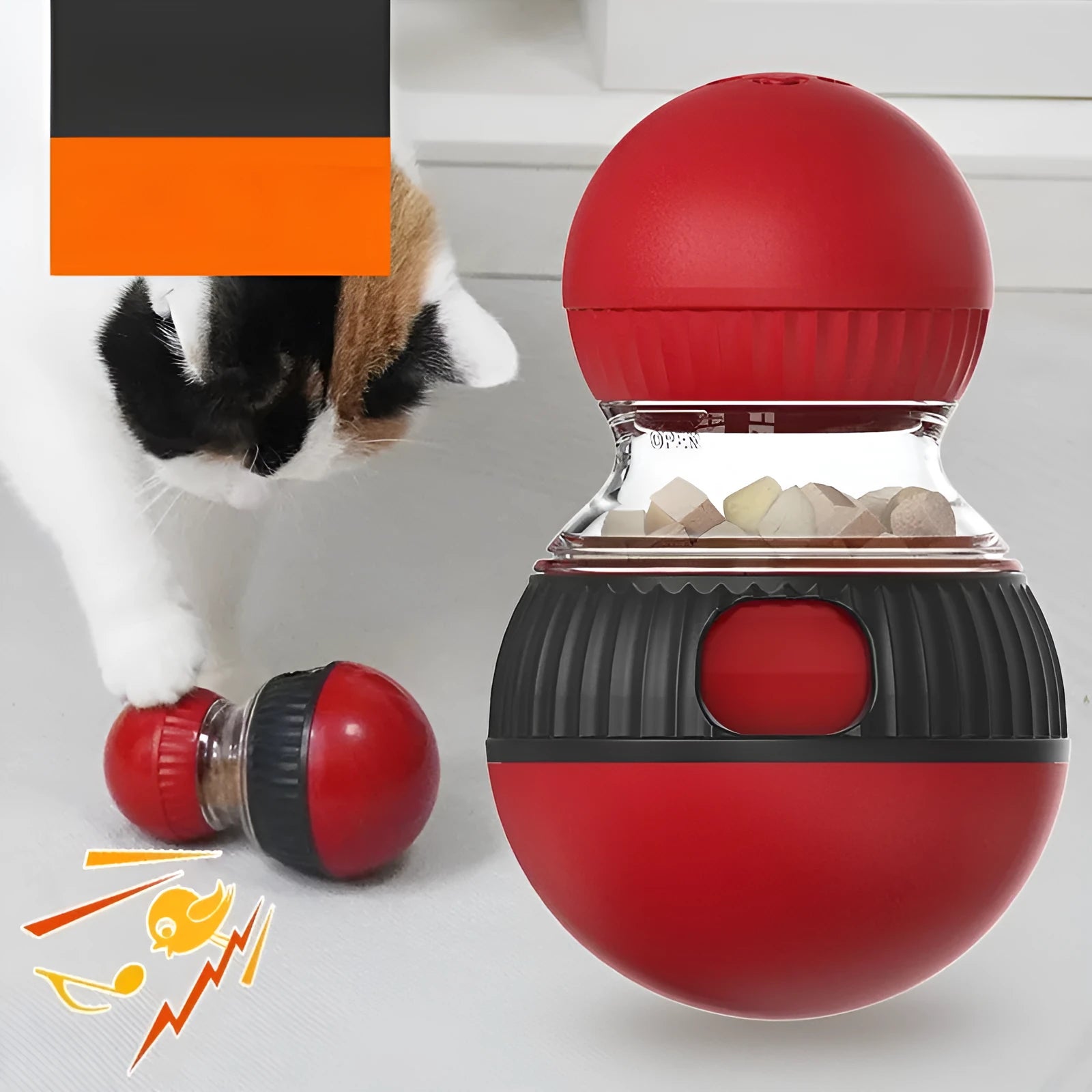 Plastic rotating cat toy with food-dispensing ball and sound module in Super Ball colour.