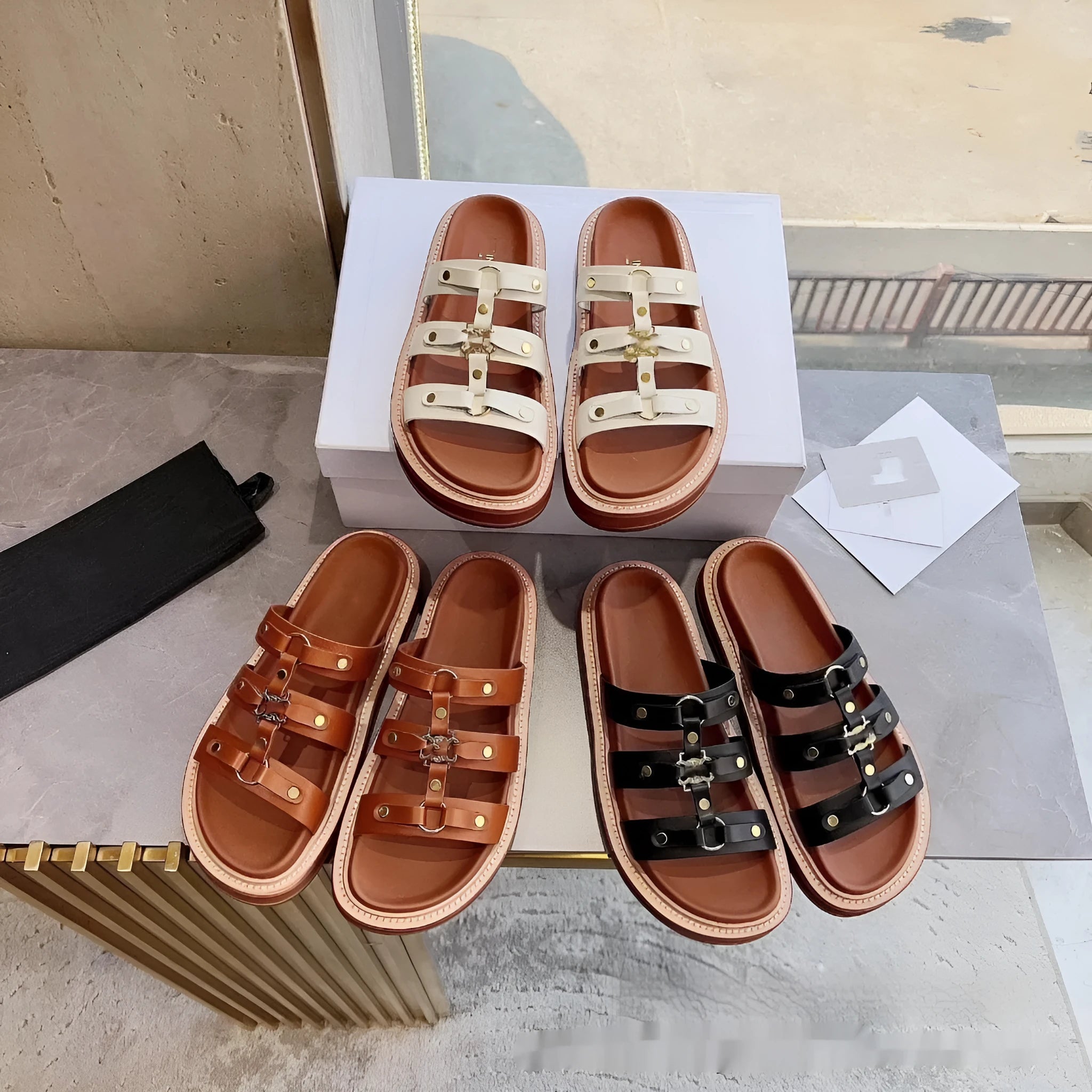 Women's Roman style patent leather sandal slippers in solid colours with sheepskin upper