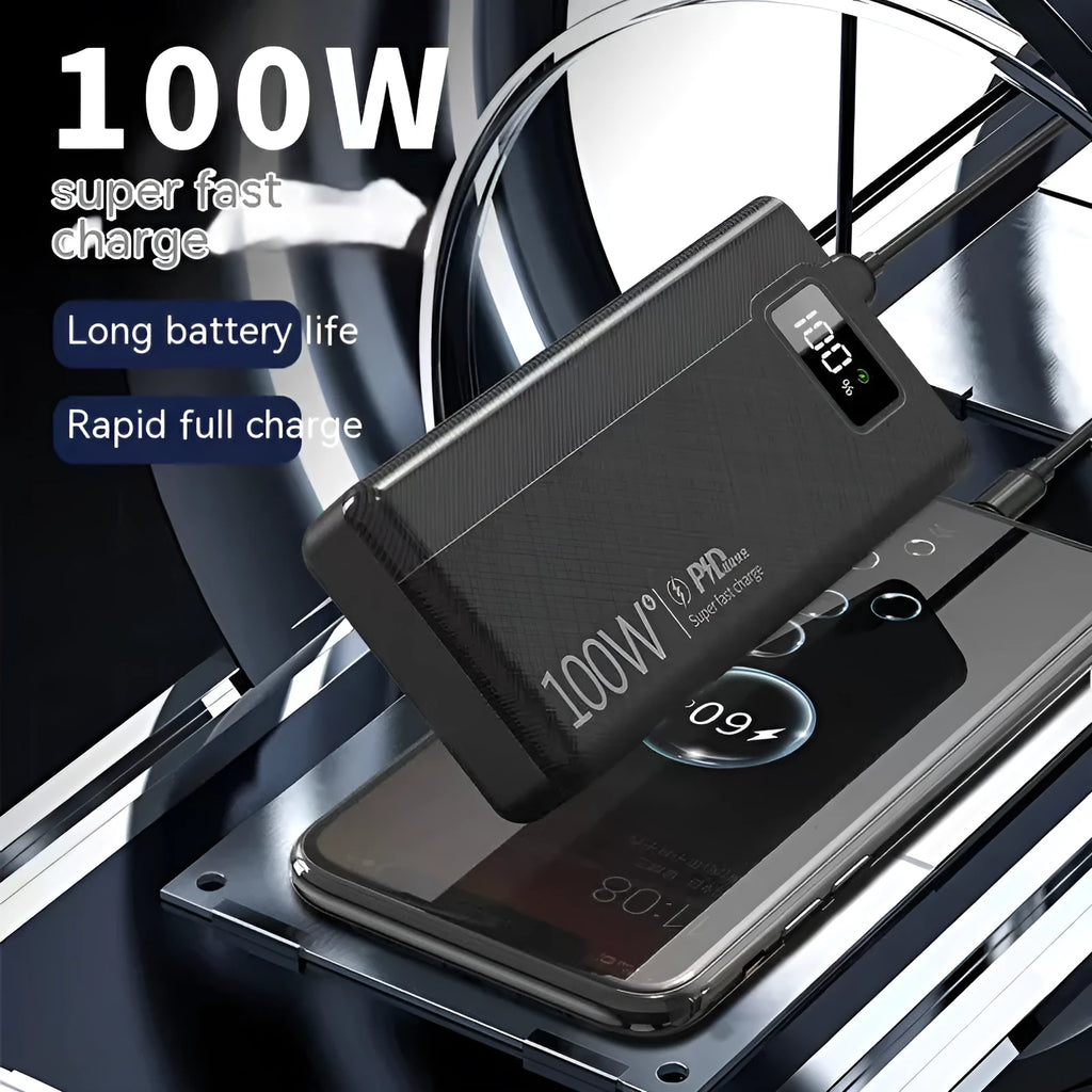 Black and white large capacity power bank showing front view with dimensions 150mm by 76mm.