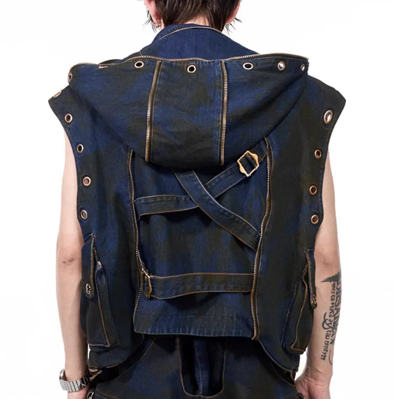 Blue heavy industry deconstructed hooded denim vest coat with matching trousers, Korean style, zipper front
