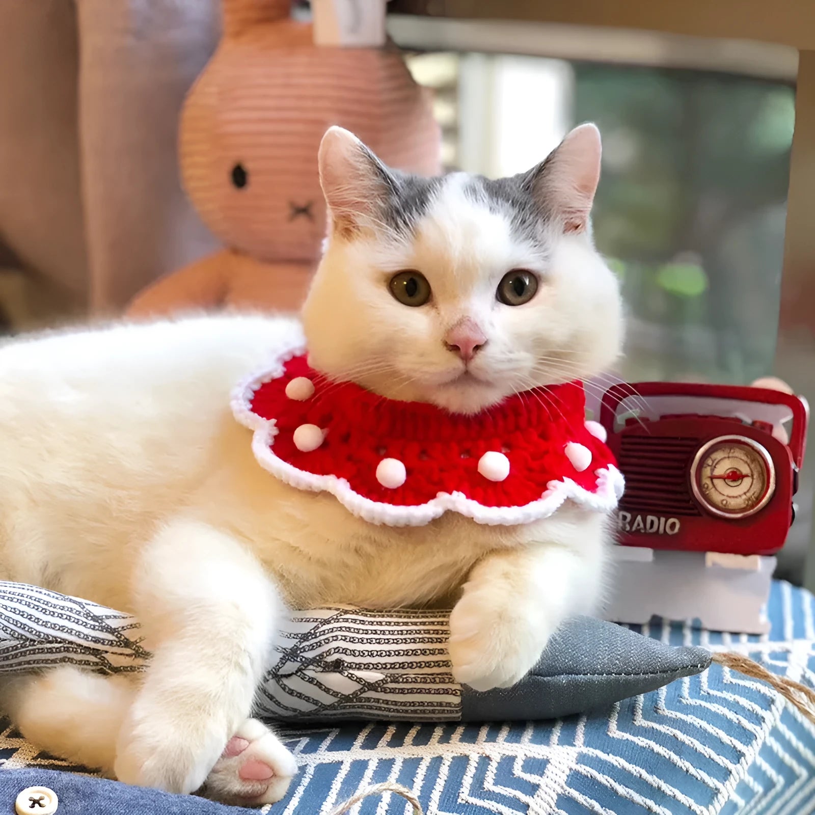 Knitted pet collar with cartoon pattern in milk cotton material showing size options