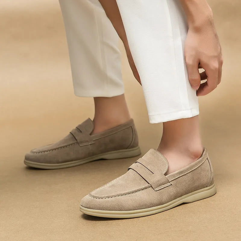 Men's black leather slip-on casual shoes with round toe and rubber sole