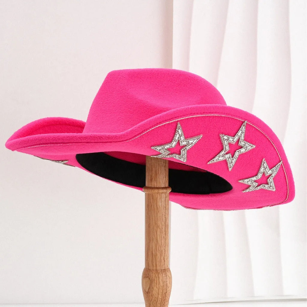 Beige polyester Western top hat with a conical crown and a silver hexagonal star decoration on the front.