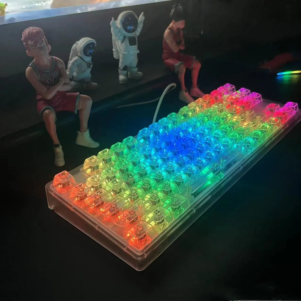 132 transparent plastic mechanical keyboard key caps laid out in grid pattern