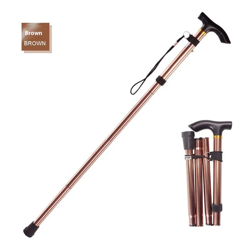 Aluminium folding walking stick adjusted to mid-length, showing non-slip rubber tip.