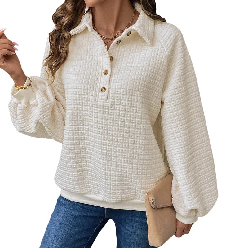 Women's milky white polo collar thick knit sweater with long sleeves