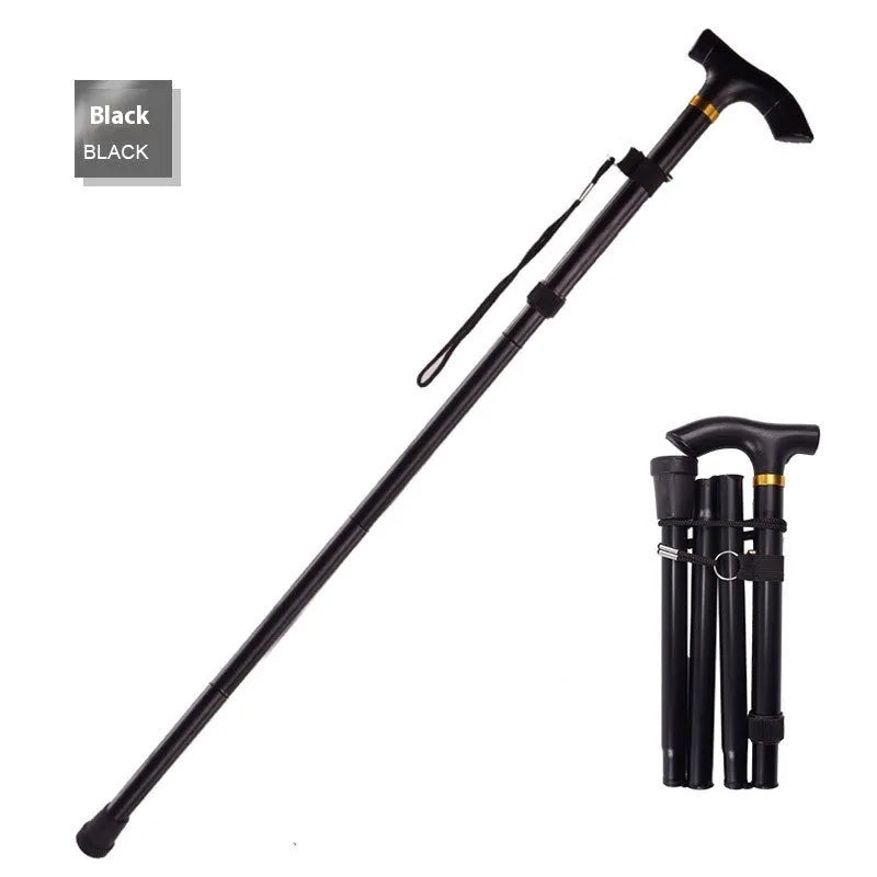 Aluminium folding walking stick adjusted to mid-length, showing non-slip rubber tip.