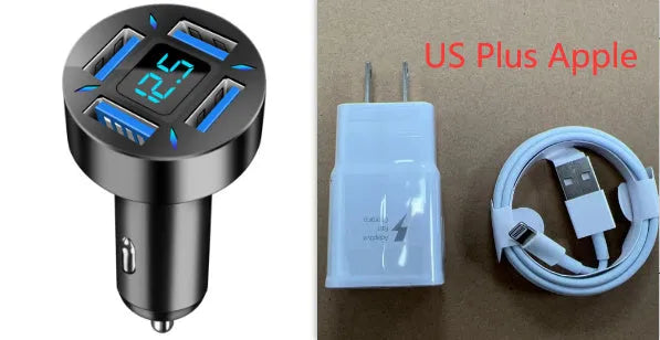 Black four-port USB car charger with LED digital display, compact design for vehicle use.