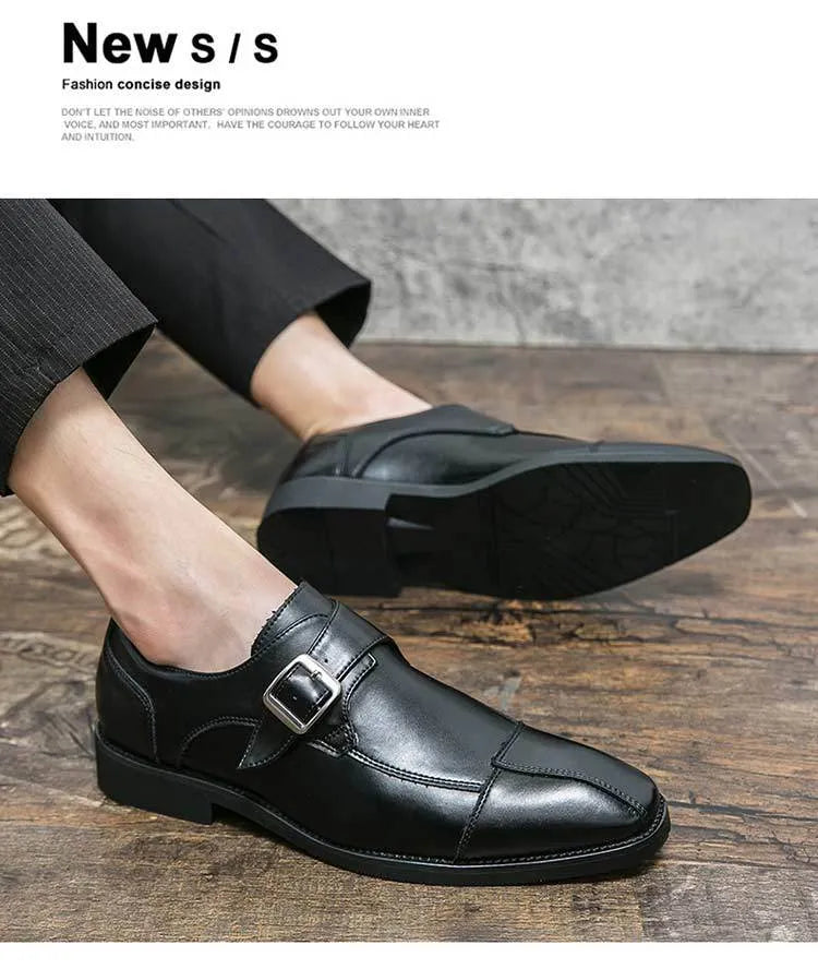 Men's brown-blue retro buckle casual leather shoes with tall crown design