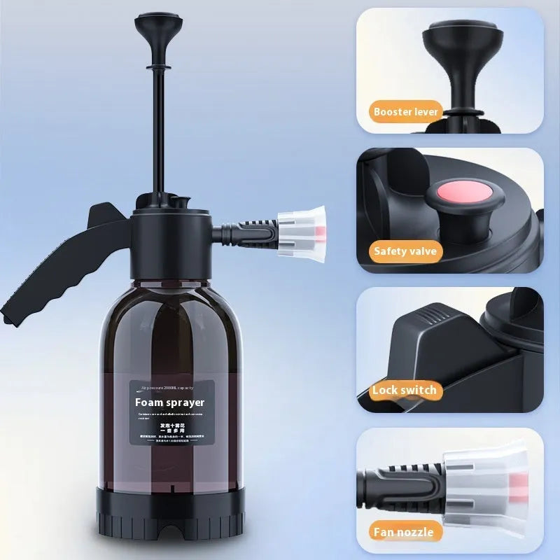 Black hand-held 2 litre foam sprayer with switch lock for garden watering and car washing