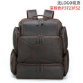 Dark brown leather backpack for 17-inch laptops with multiple compartments and shoulder straps