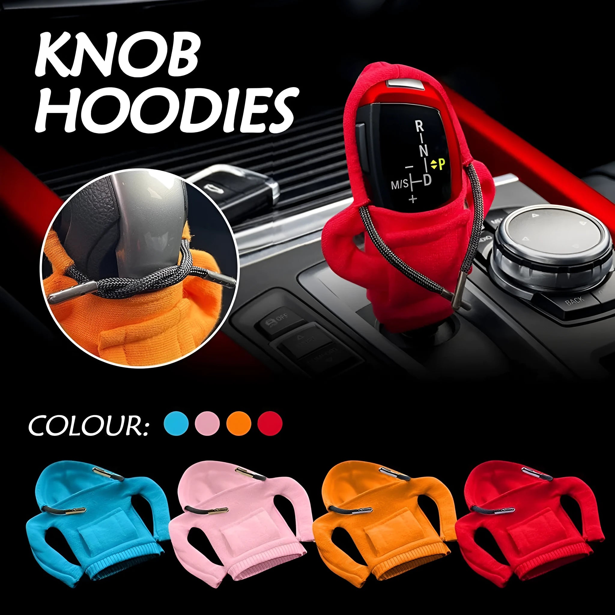 Cloth car gear shift knob hoodie cover in assorted colours next to a tape measure showing 13cm by 8cm dimensions.