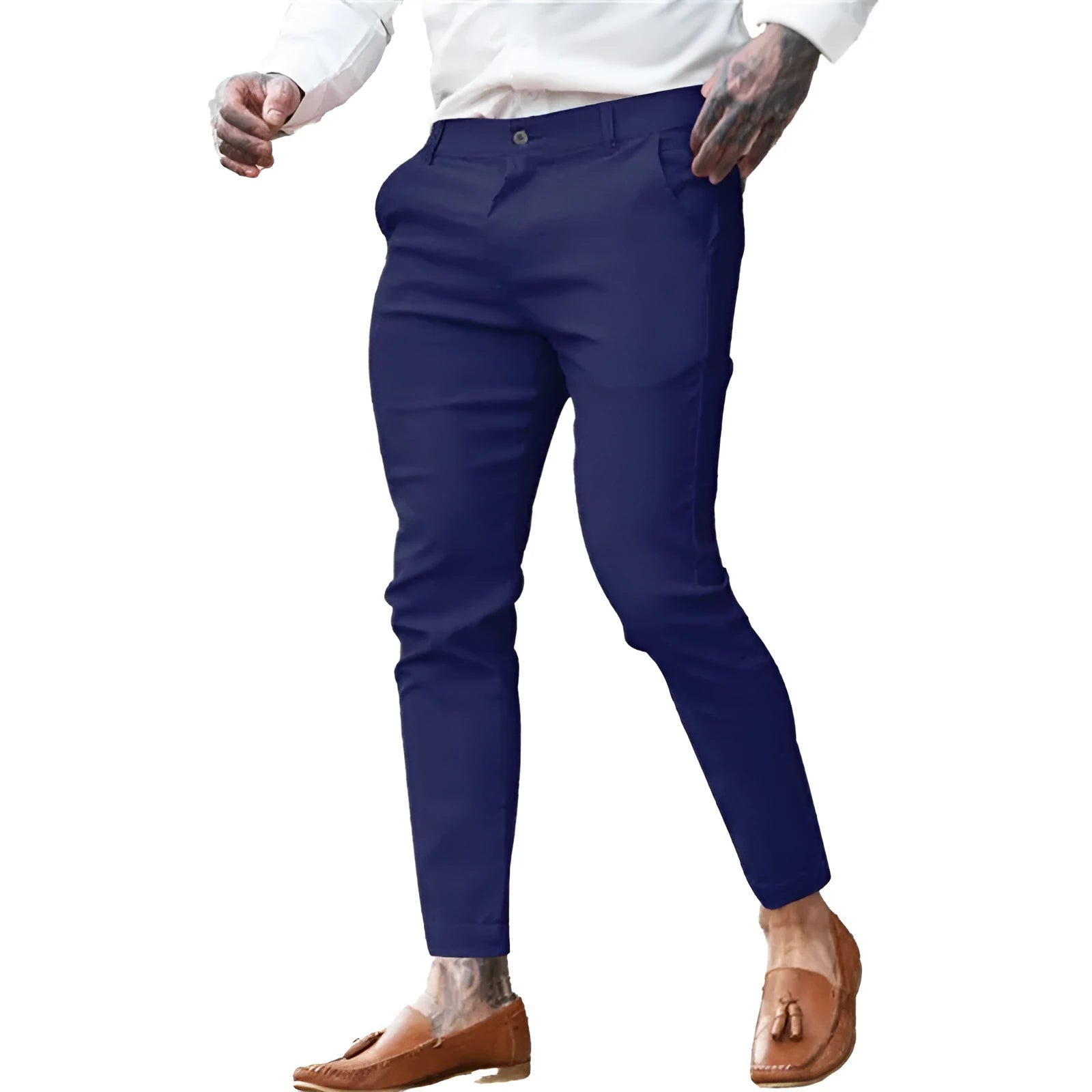 Men's slim-fit cotton stretch pencil pants in twill fabric showing high elasticity and pencil silhouette