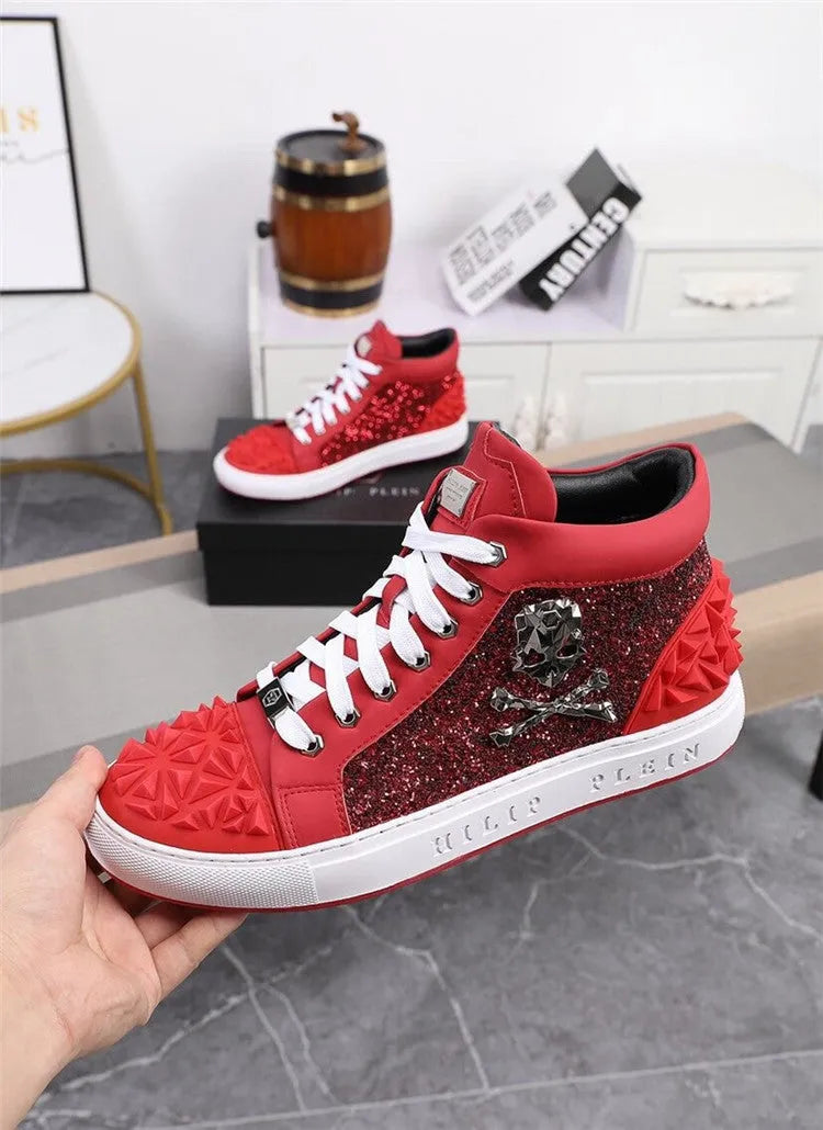 Men's black high top skeleton shoes with genuine leather upper and lace-up closure