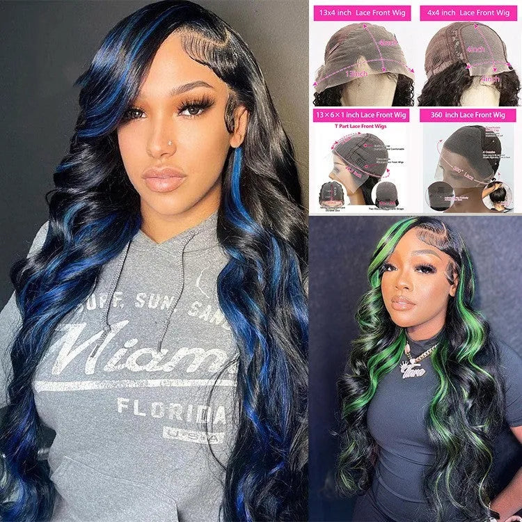 A woman wearing a long, real human hair lace front wig with a 4x4 transparent lace hairline.
