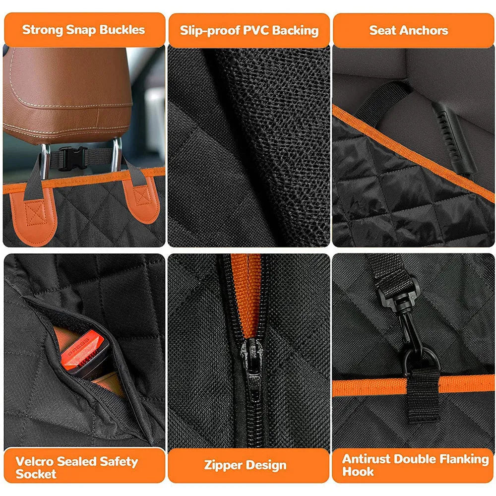 Black waterproof dog car seat cover with orange edging laid out on a car rear seat, showing mesh window and storage pocket.