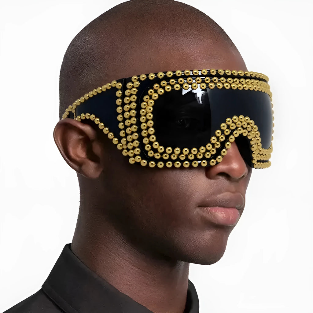 Men's punk style square sunglasses with large rims and rivet detailing in silver colour