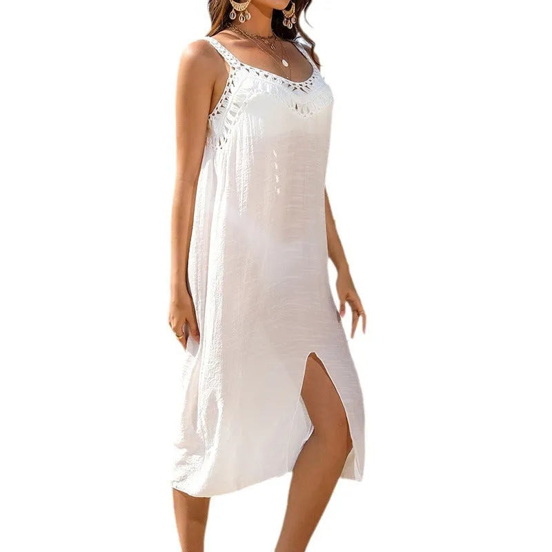 White crocheted beach dress with hollow weaving and bottom slit for women's swimming and seaside wear
