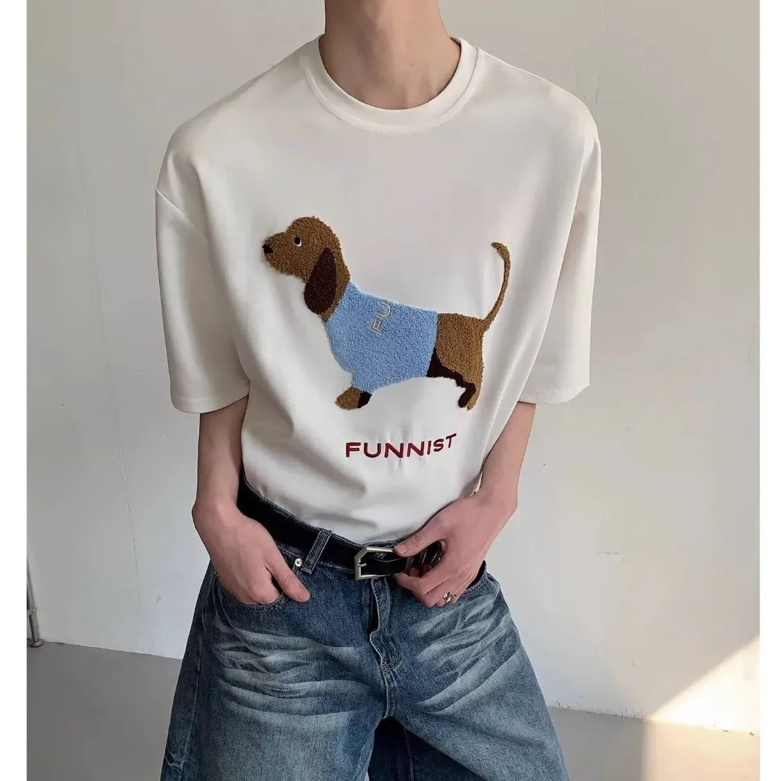 Men's grey T-shirt with embroidered sausage dog towel design on front, short sleeves and round neck