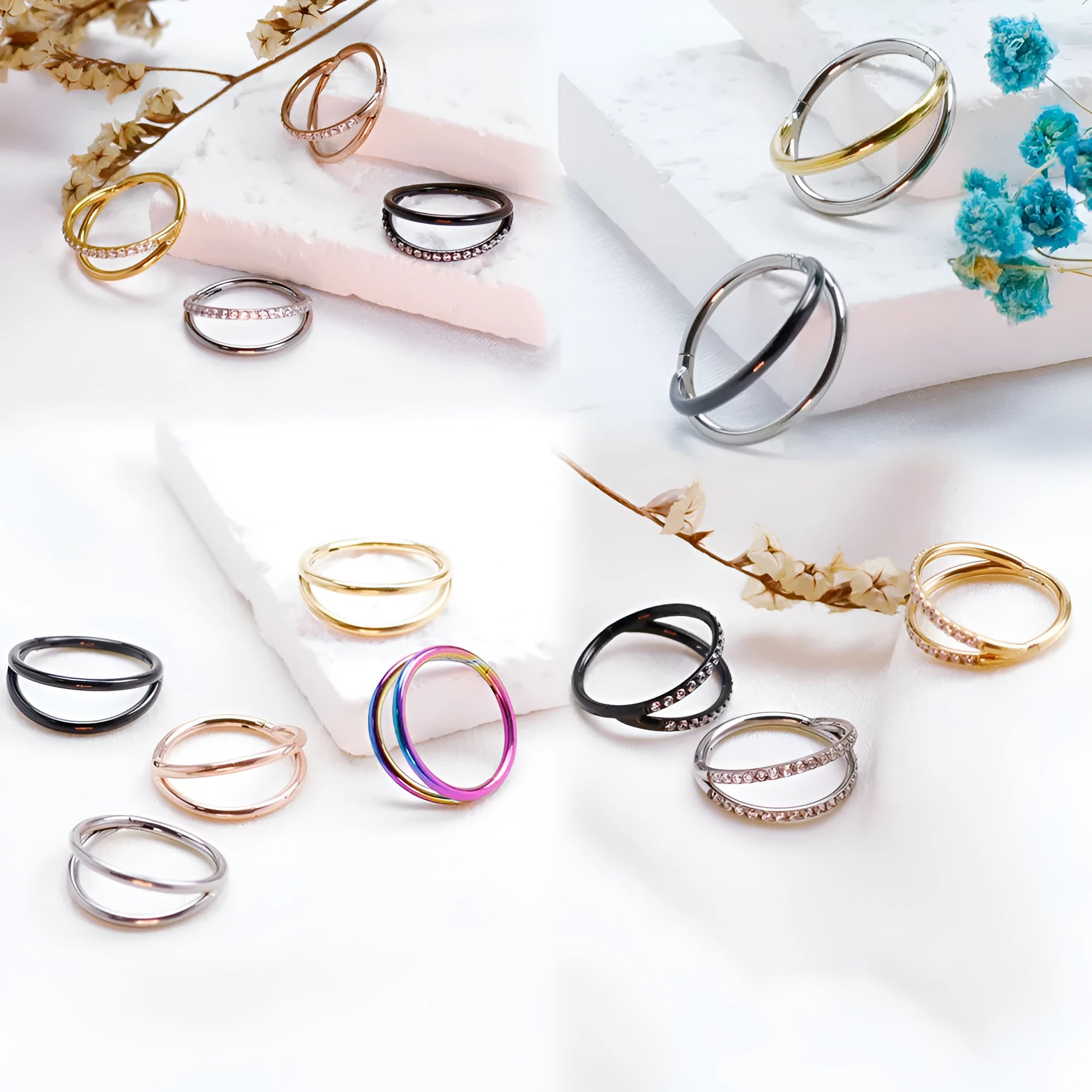 F136 titanium alloy nose ring body jewellery showing available sizes and colour finish options