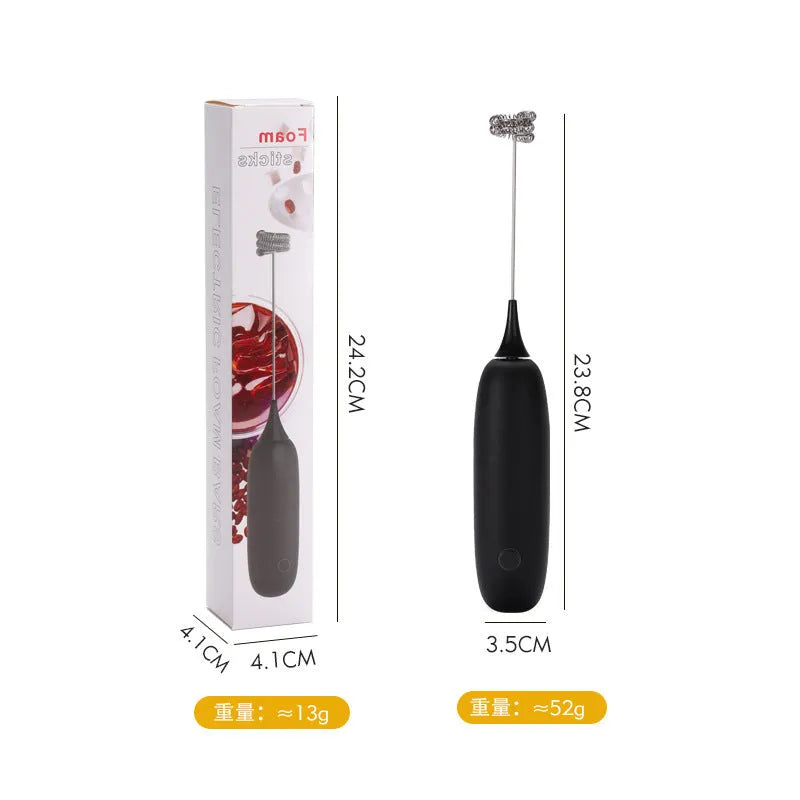 A black and a white hand-held electric milk frother for coffee, displayed on a kitchen counter.