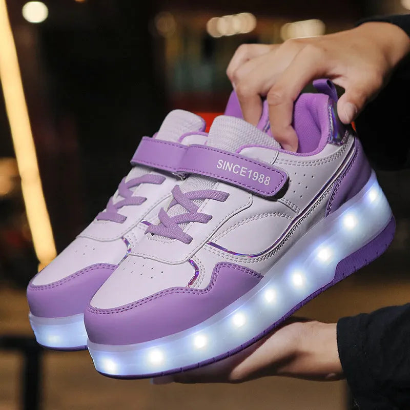 Child's charging flash roller skate with illuminated LED wheels in pink, showing buckle and lace closure.
