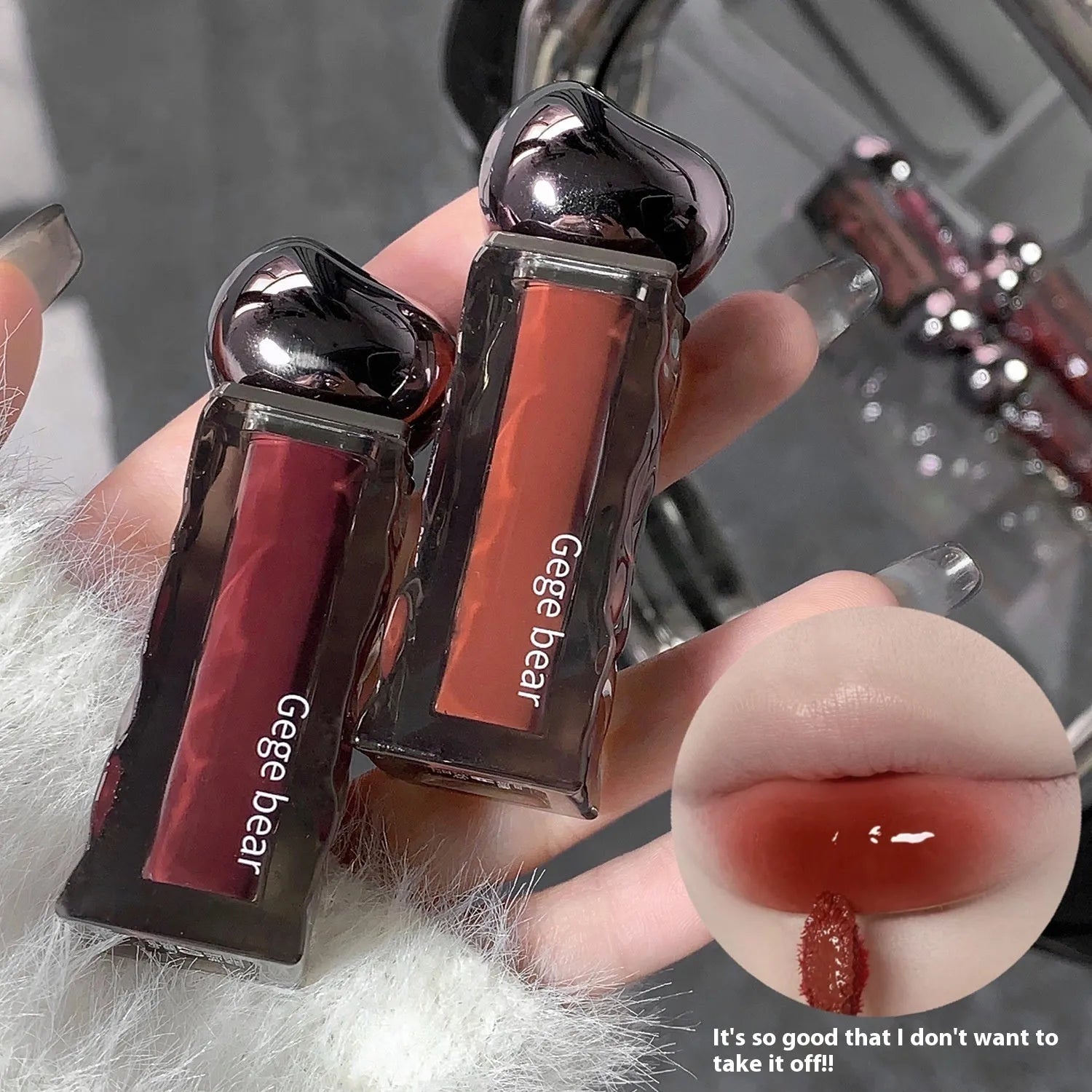 Glacier Lava Lip Lacquer set showing seven sheer glossy shades with built-in mirror