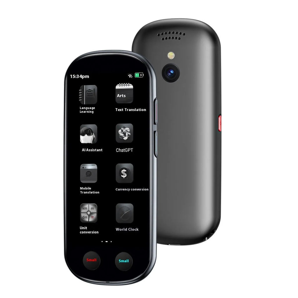 Black multi-language simultaneous interpretation translator device for business use with lanyard and charging cable.