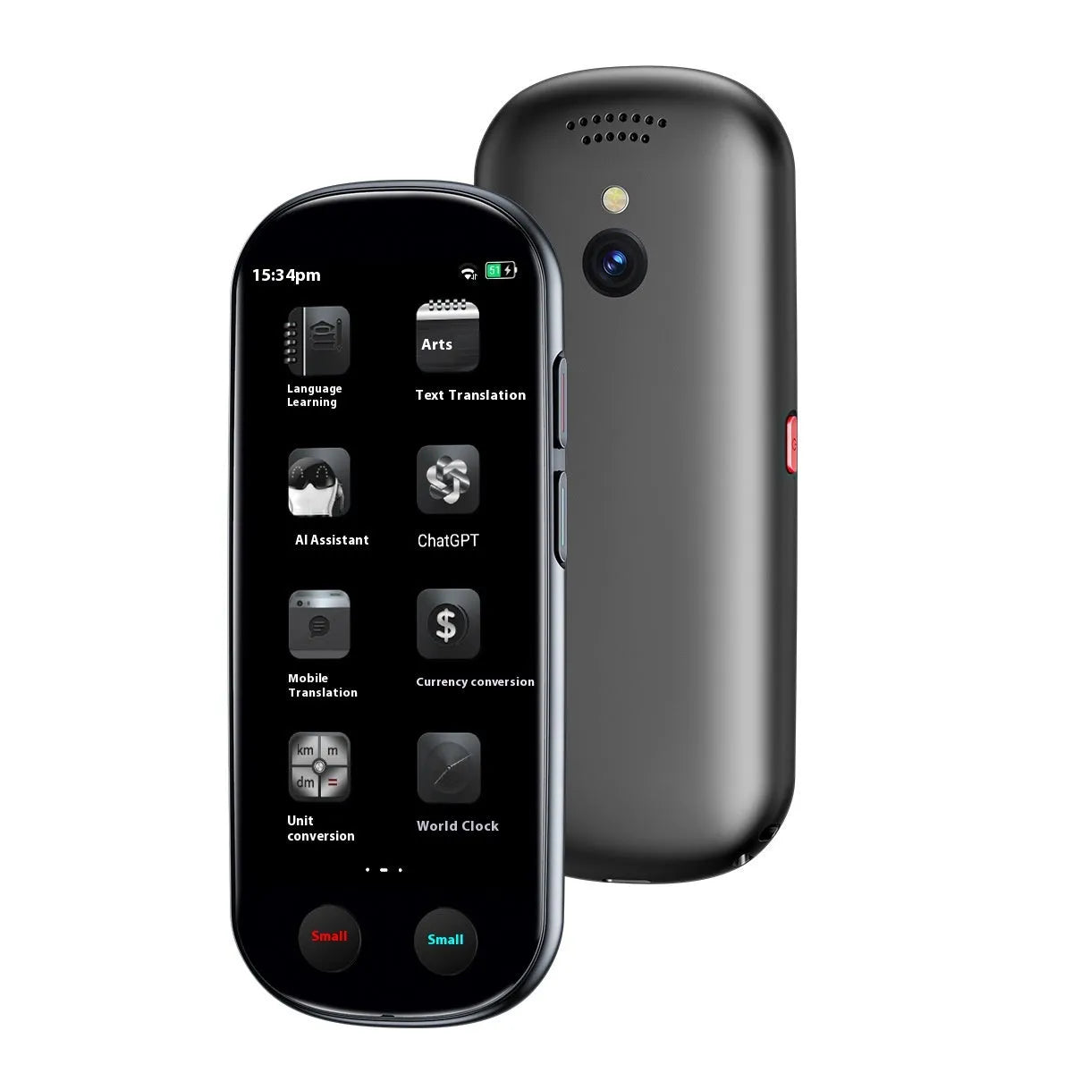 Black multi-language simultaneous interpretation translator device for business use with lanyard and charging cable.