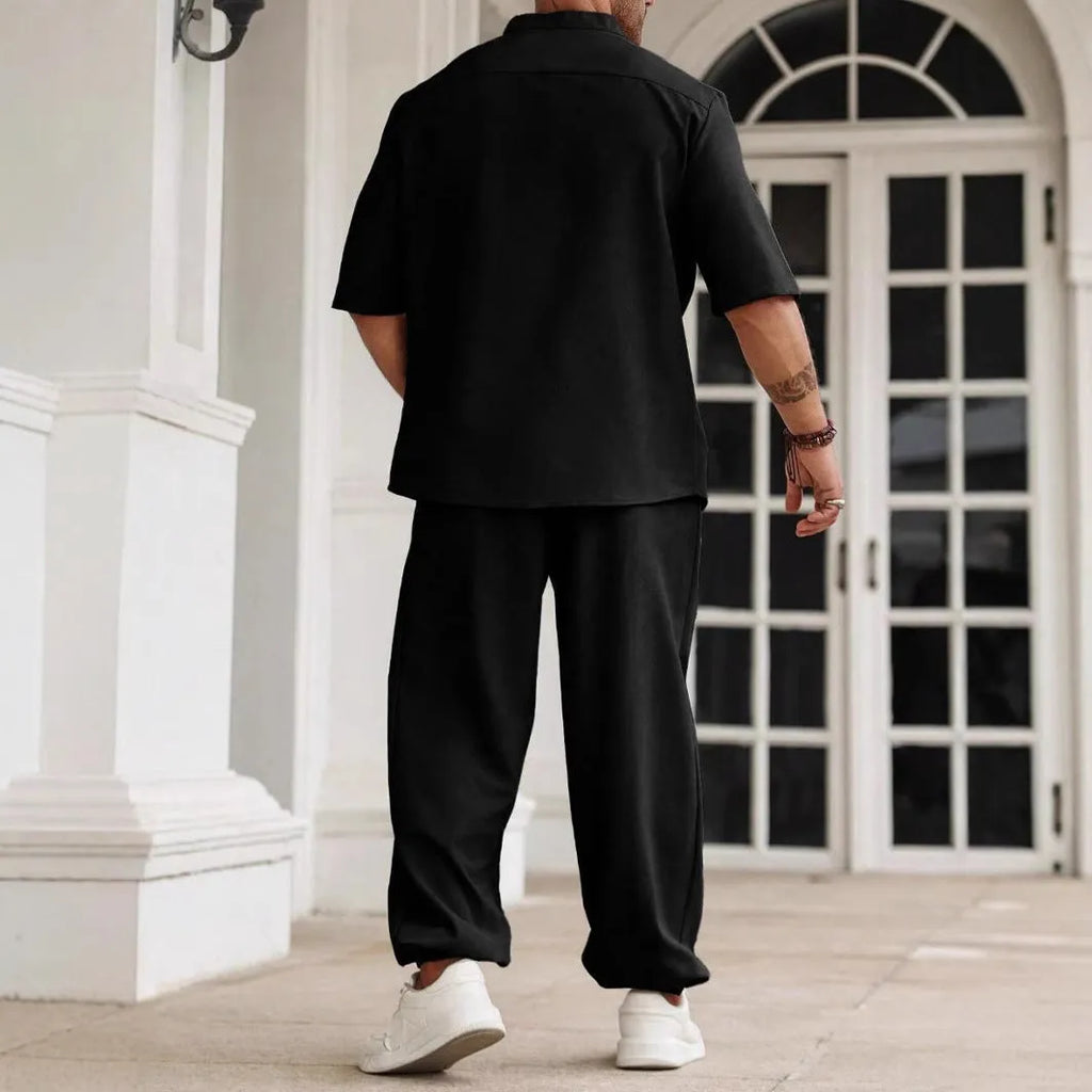 Men's cotton linen casual shirt and trousers set in three colour options with Asian sizing