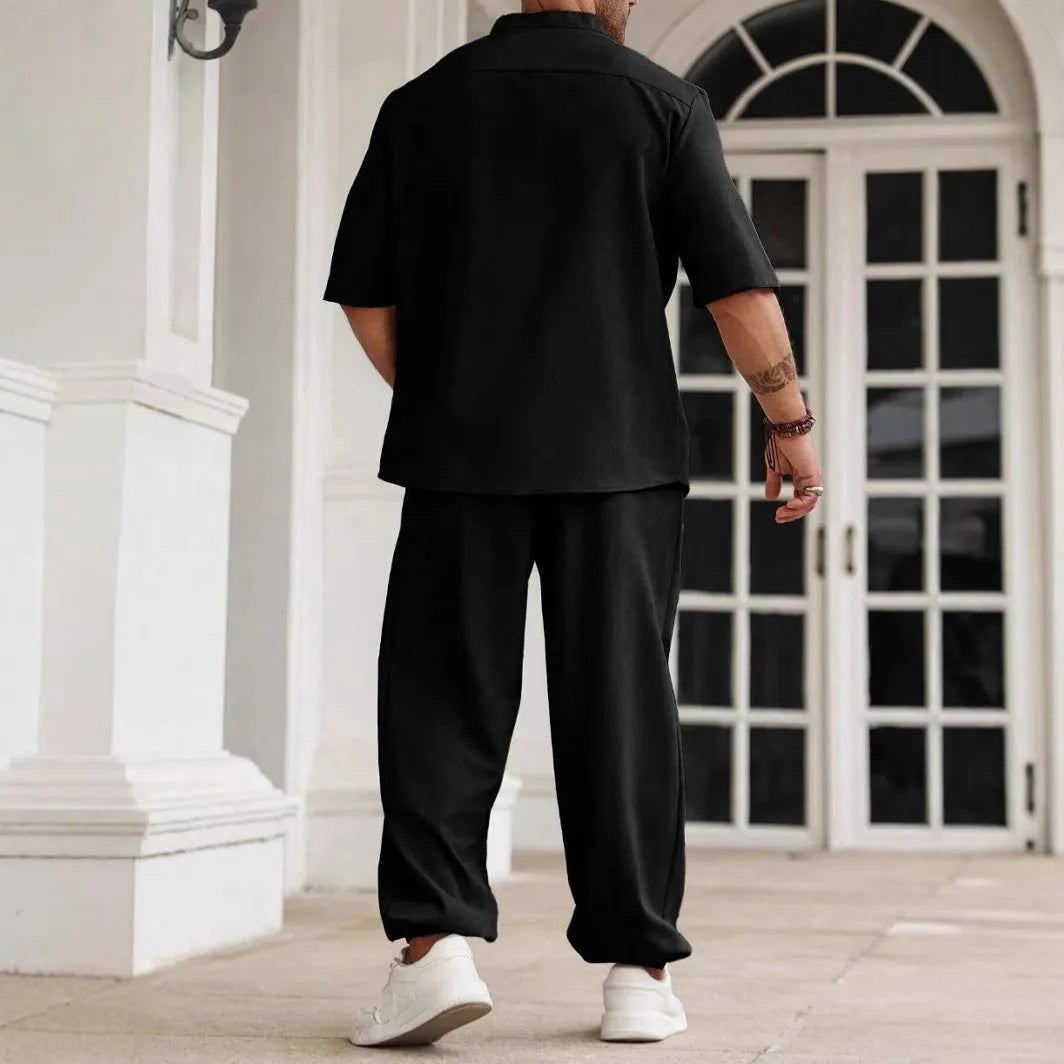 Men's cotton linen casual shirt and trousers set in three colour options with Asian sizing