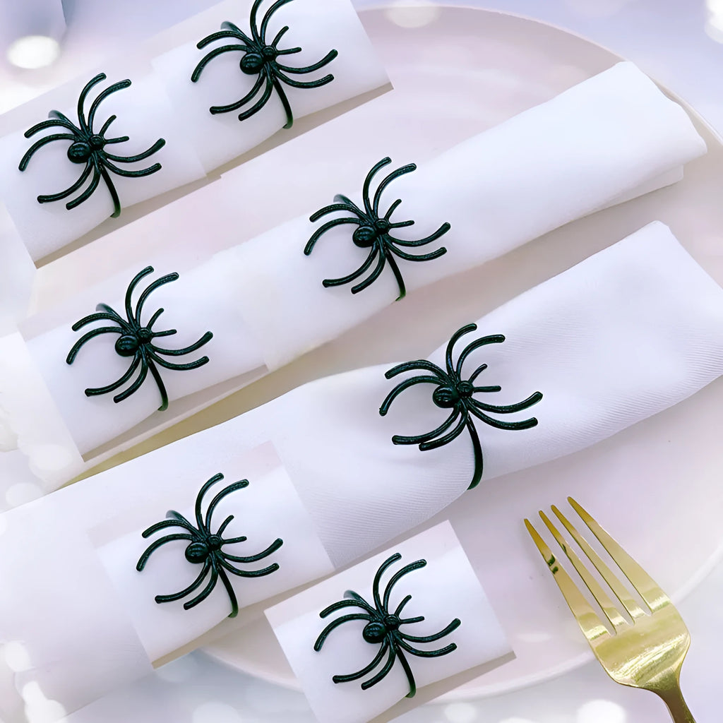 Six black spider alloy napkin rings for Halloween table decorations measuring 5x4.5x4cm