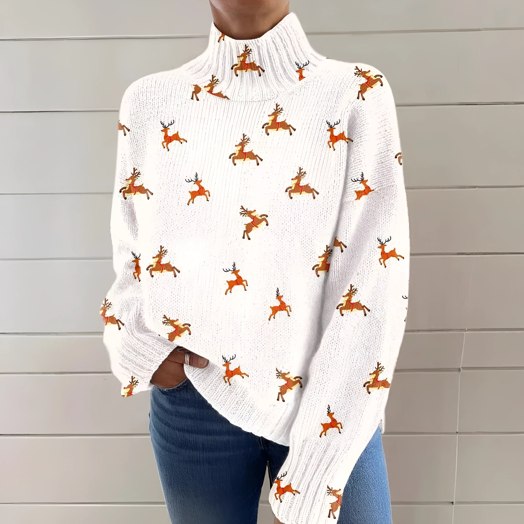 Women's Christmas printed turtleneck sweater with painting pattern in thick needle polyester fabric