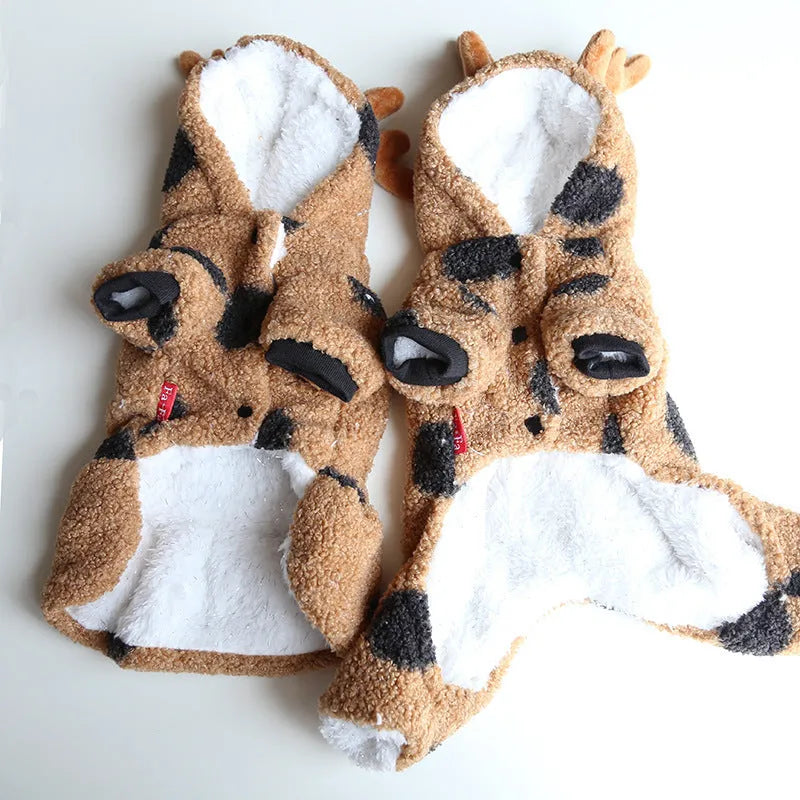 Polka dot pet dog or cat clothing with elk couple design, shown in skirt and four-leg style options.