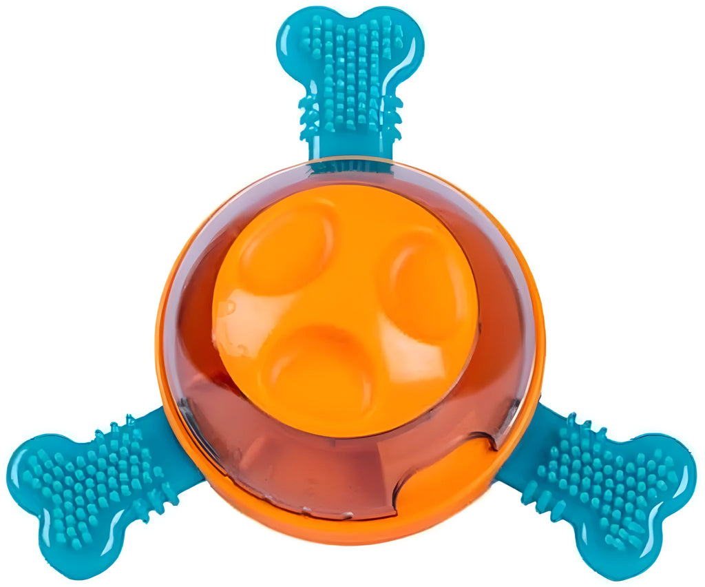 Blue interactive dog puzzle feeder with rubber bones, shown next to a small puppy