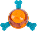 Blue interactive dog puzzle feeder with rubber bones, shown next to a small puppy