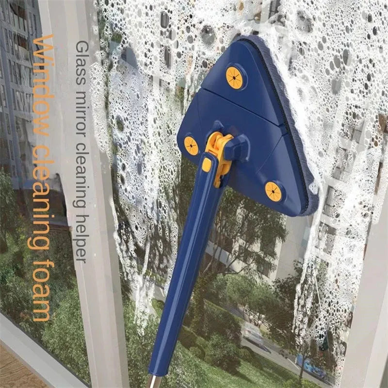 Blue extendable triangle cleaning mop with rotatable head on a stainless steel pole.
