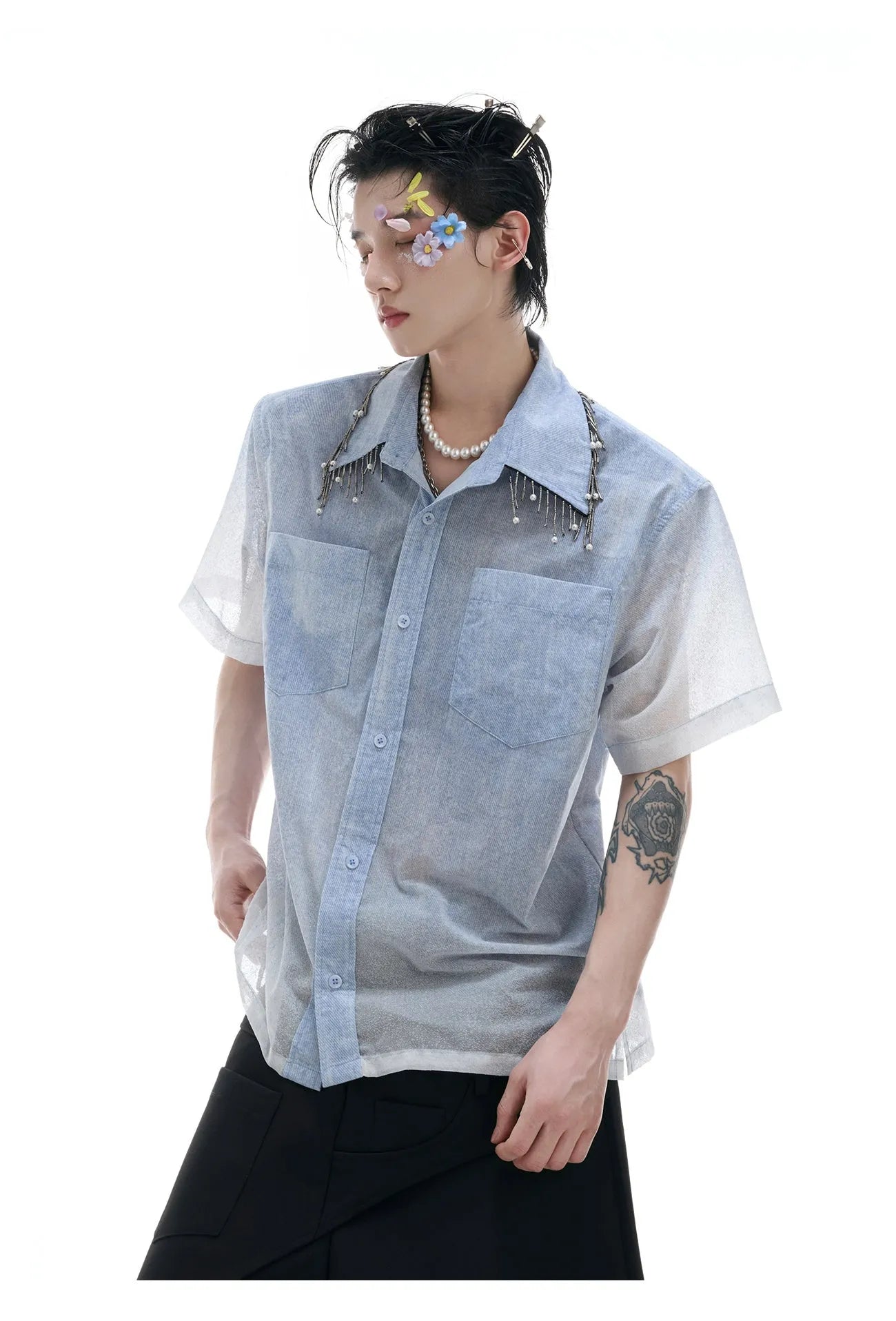 Men's blue and white gradient loose fit shirt with quilted detailing and short sleeves