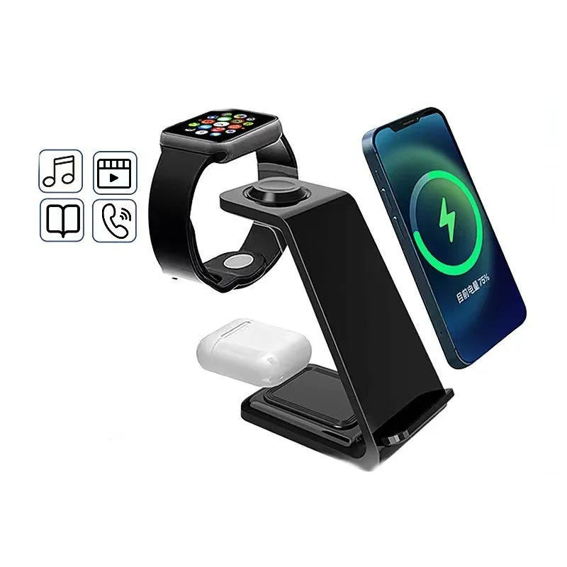 White upright wireless charging phone stand holding a mobile phone, with a black Type-C cable plugged in.