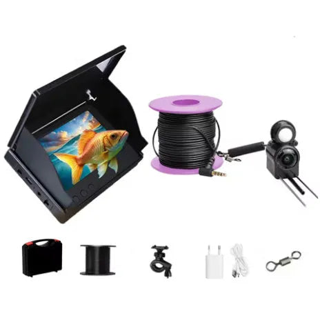 Fish finder underwater camera system with 4.3-inch display screen, camera unit, and cable on a blue background.