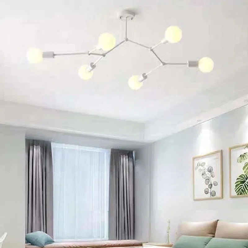 Iron Nordic style ceiling chandelier with multiple light heads in black or white finish.
