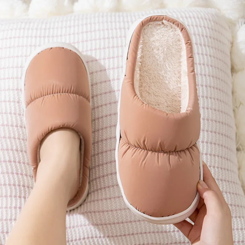 Down cotton slippers with artificial leather upper, rubber sole and plush lining in multiple colours