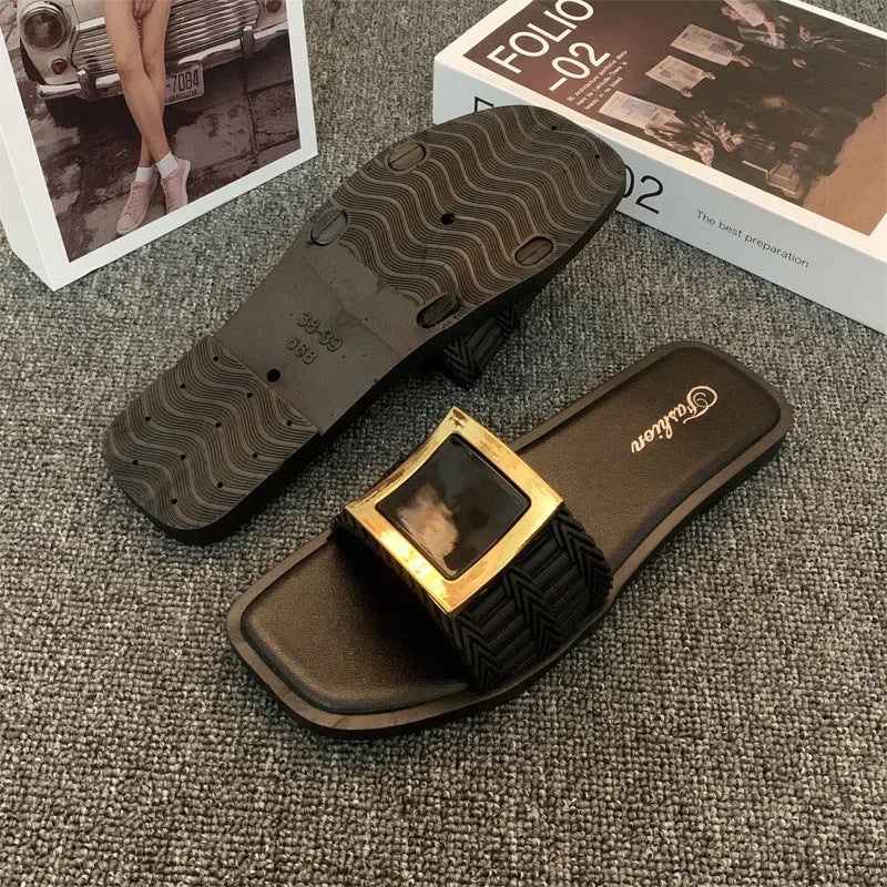 Women's flat summer slippers in apricot, black, or khaki with a lightweight PVC sole.